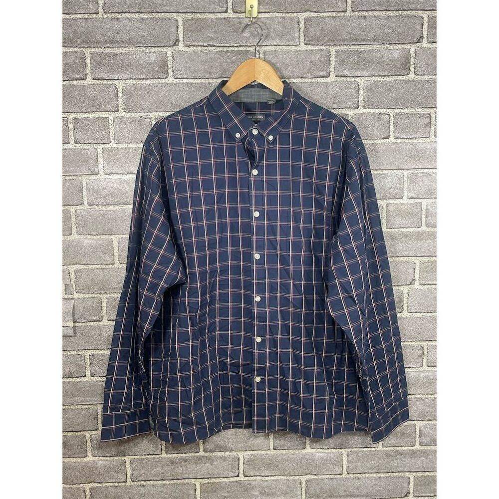 Van Heusen Men's XL Navy Plaid Long Sleeve Button-Up Shirt
